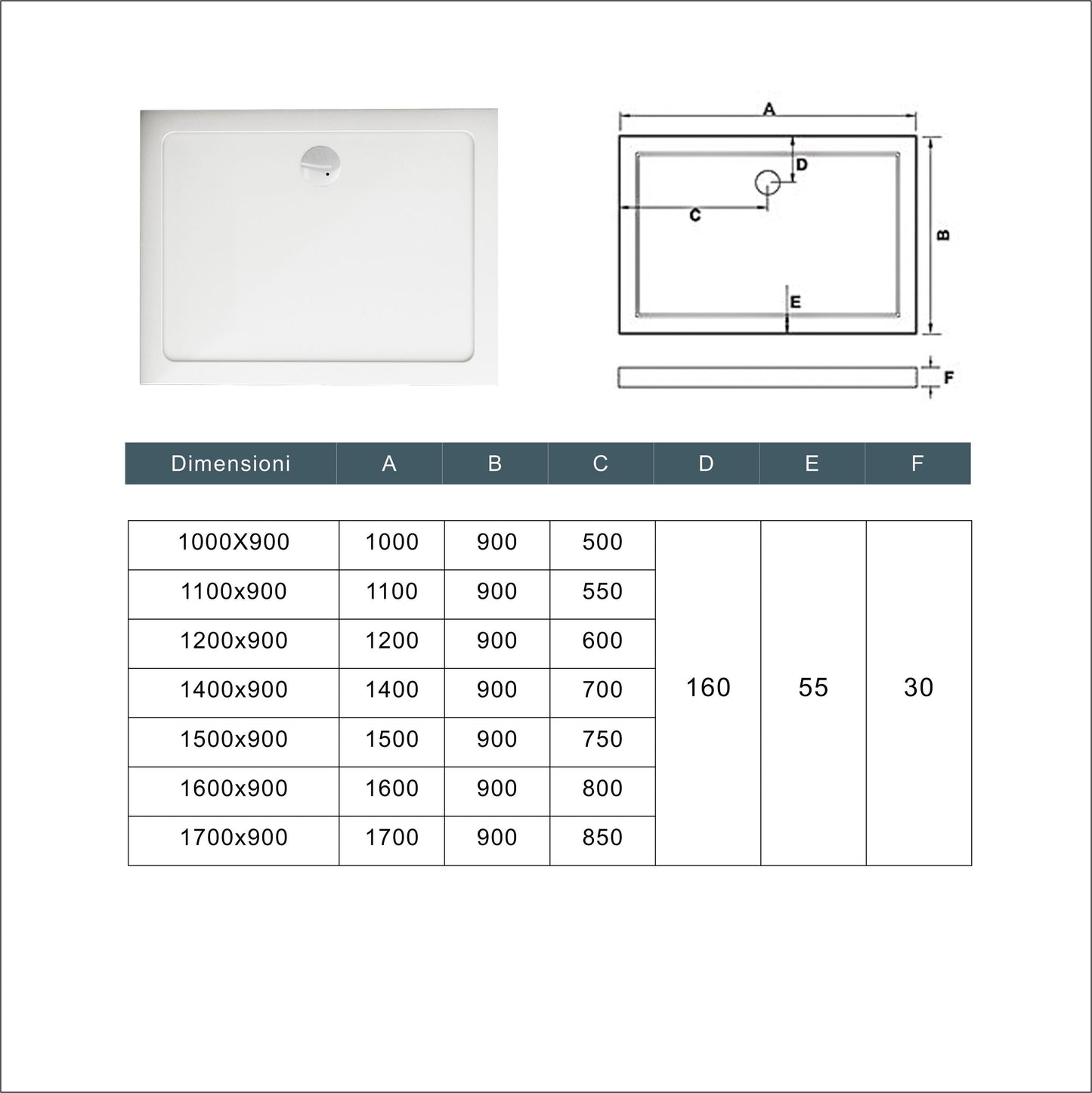 Piatto Doccia Bianco Spessore di 3 cm in Pietra Artificiale e Resina Minerale Mista Piletta Extra Piatta Sottile e Tubo inclusi