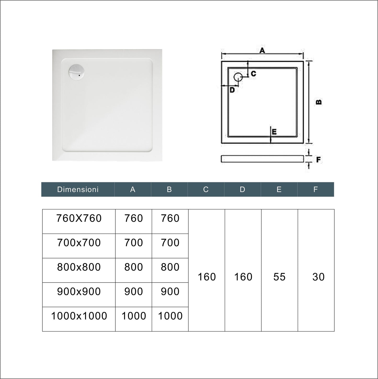 Piatto Doccia Bianco Spessore di 3 cm in Pietra Artificiale e Resina Minerale Mista Piletta Extra Piatta Sottile e Tubo inclusi