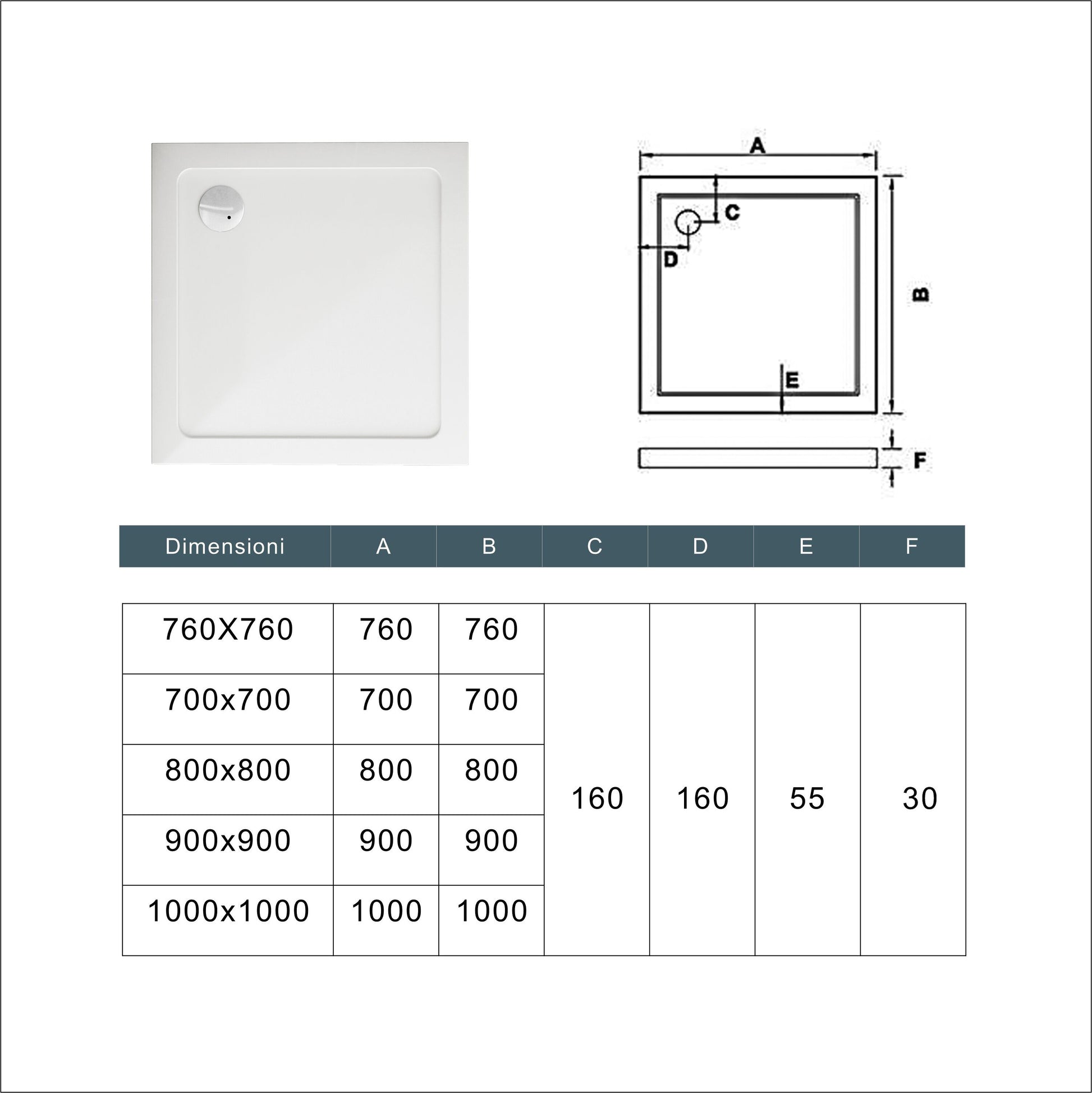 Piatto Doccia Bianco Spessore di 3 cm in Pietra Artificiale e Resina Minerale Mista Piletta Extra Piatta Sottile e Tubo inclusi