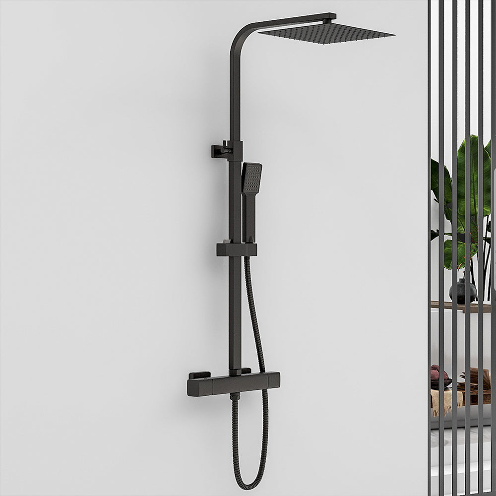 AICA Colonna Doccia con Miscelatore Termostatico, Rubinetto Doccia 300x45mm, Soffione Doccia Quadrato in Acciaio Inox 25x25cm, Altezza Regolabile, Set Doccia Completo, Nero opaco / Cromato Nero opaco