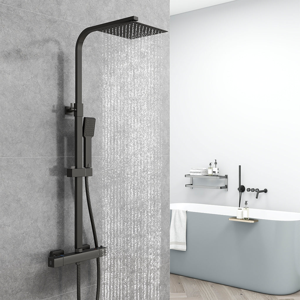 AICA Colonna Doccia con Miscelatore Termostatico, Soffione Doccia Quadrato in Acciaio Inox, Set Doccia Completo, Altezza Regolabile, Rubinetto Doccia, Cromato ou Matt Black Nero opaco