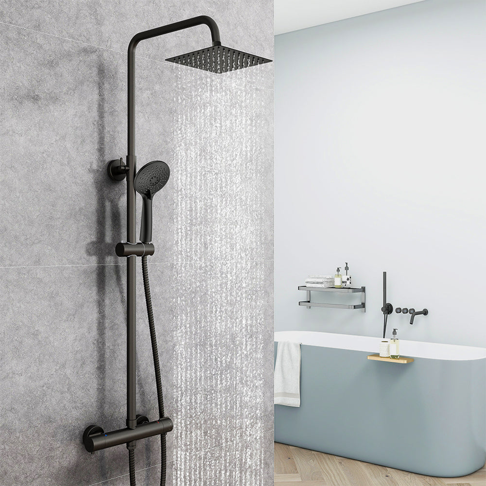 AICA Colonna Doccia con Miscelatore Termostatico, Set Doccia Completo, Rubinetto Doccia, Soffione Doccia Quadrato in Acciaio Inox, Altezza Regolabile, Matt Black / Cromato Nero opaco