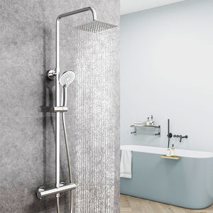 AICA Colonna Doccia con Miscelatore Termostatico, Set Doccia Completo, Rubinetto Doccia, Soffione Doccia Quadrato in Acciaio Inox, Altezza Regolabile, Matt Black / Cromato