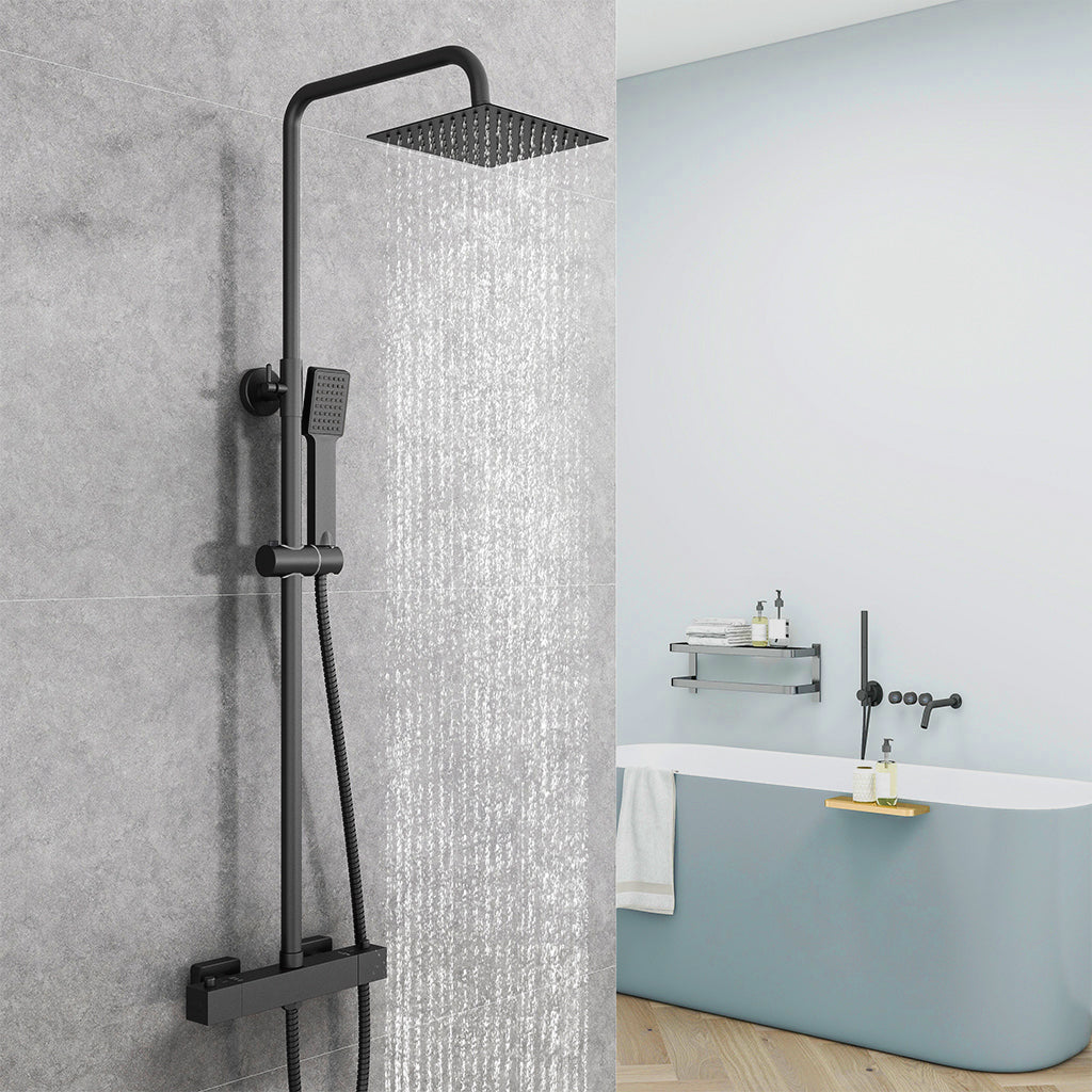 AICA Colonna Doccia con Miscelatore Termostatico, Rubinetto Doccia, Soffione Doccia Quadrato in Acciaio Inox, Altezza Regolabile, Set Doccia Completo, Matt Black / Cromato Nero opaco