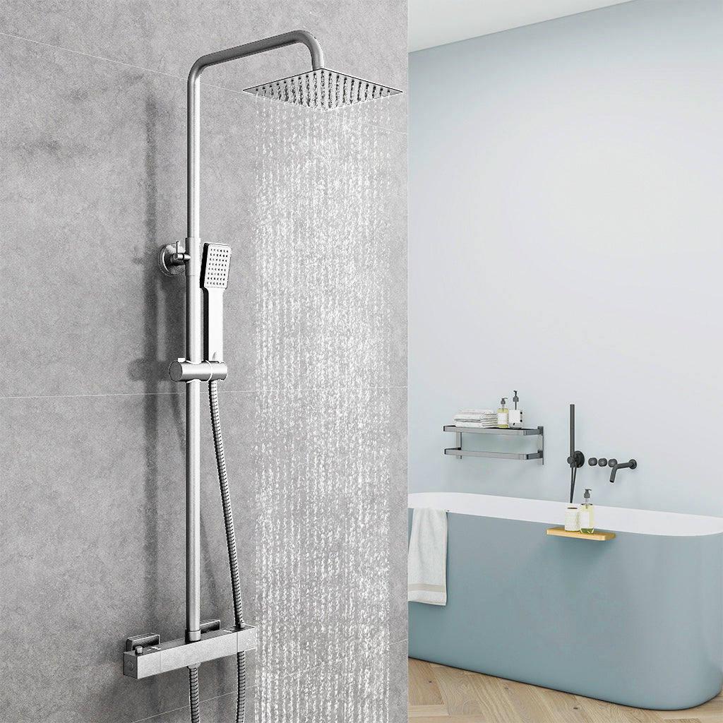 AICA Colonna Doccia con Miscelatore Termostatico, Rubinetto Doccia, Soffione Doccia Quadrato in Acciaio Inox, Altezza Regolabile, Set Doccia Completo, Matt Black / Cromato Cromato