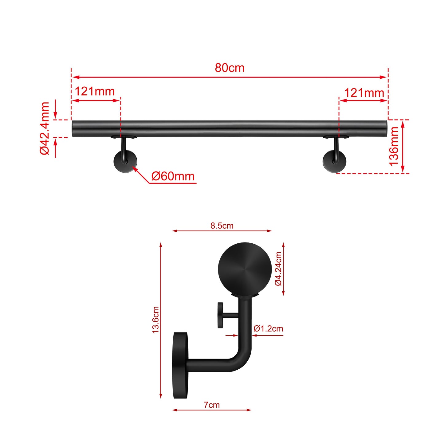 Corrimano Inox 304 nero opaco 80-100-120-150-180-200-220-240 cm per Scale Interne ed Esterne 80cm Black