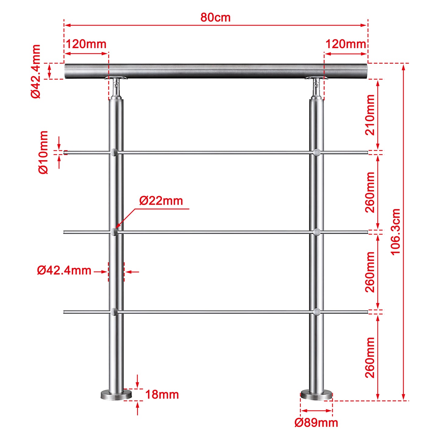 Balaustra Ringhiera Corrimano in acciaio inox 304 spazzolato 3 barre trasversali 80x106cm