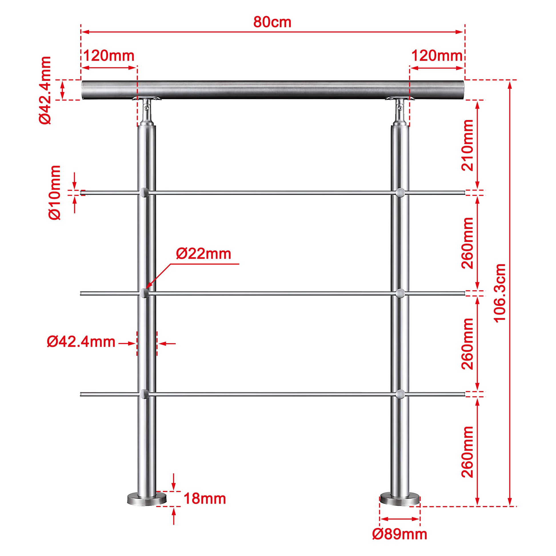 Balaustra Ringhiera Corrimano in acciaio inox 304 spazzolato 3 barre trasversali 80x106cm