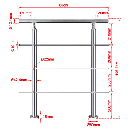 Balaustra Ringhiera Corrimano in acciaio inox 304 spazzolato 3 barre trasversali 80x106cm