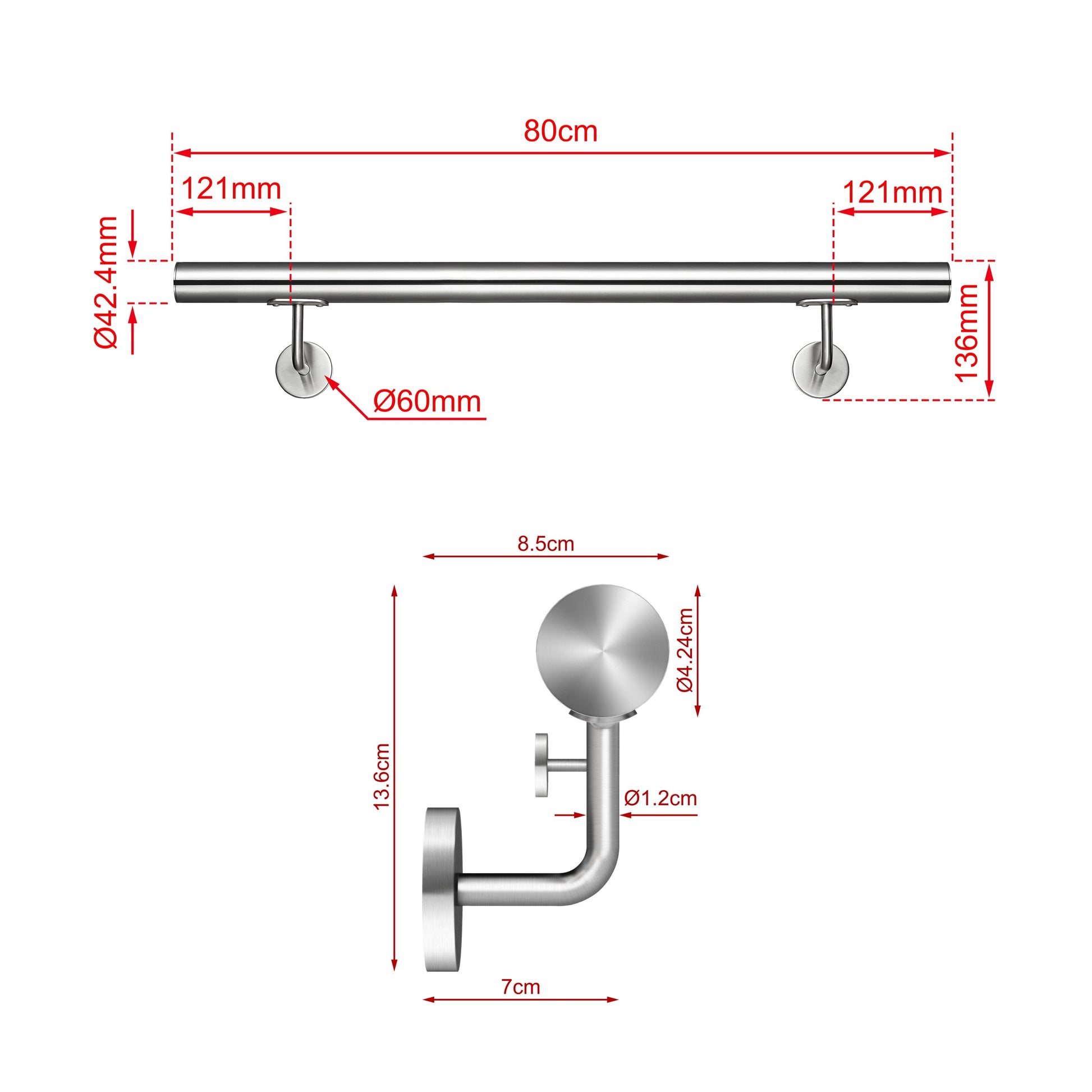 Corrimano Inox 304 Satinato 80-100-120-150-180-200-220-240 cm per Pareti Interne ed Esterne 80cm Argento spazzolato