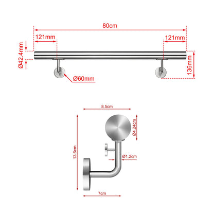Corrimano Inox 304 Satinato 80-100-120-150-180-200-220-240 cm per Pareti Interne ed Esterne 80cm Argento spazzolato