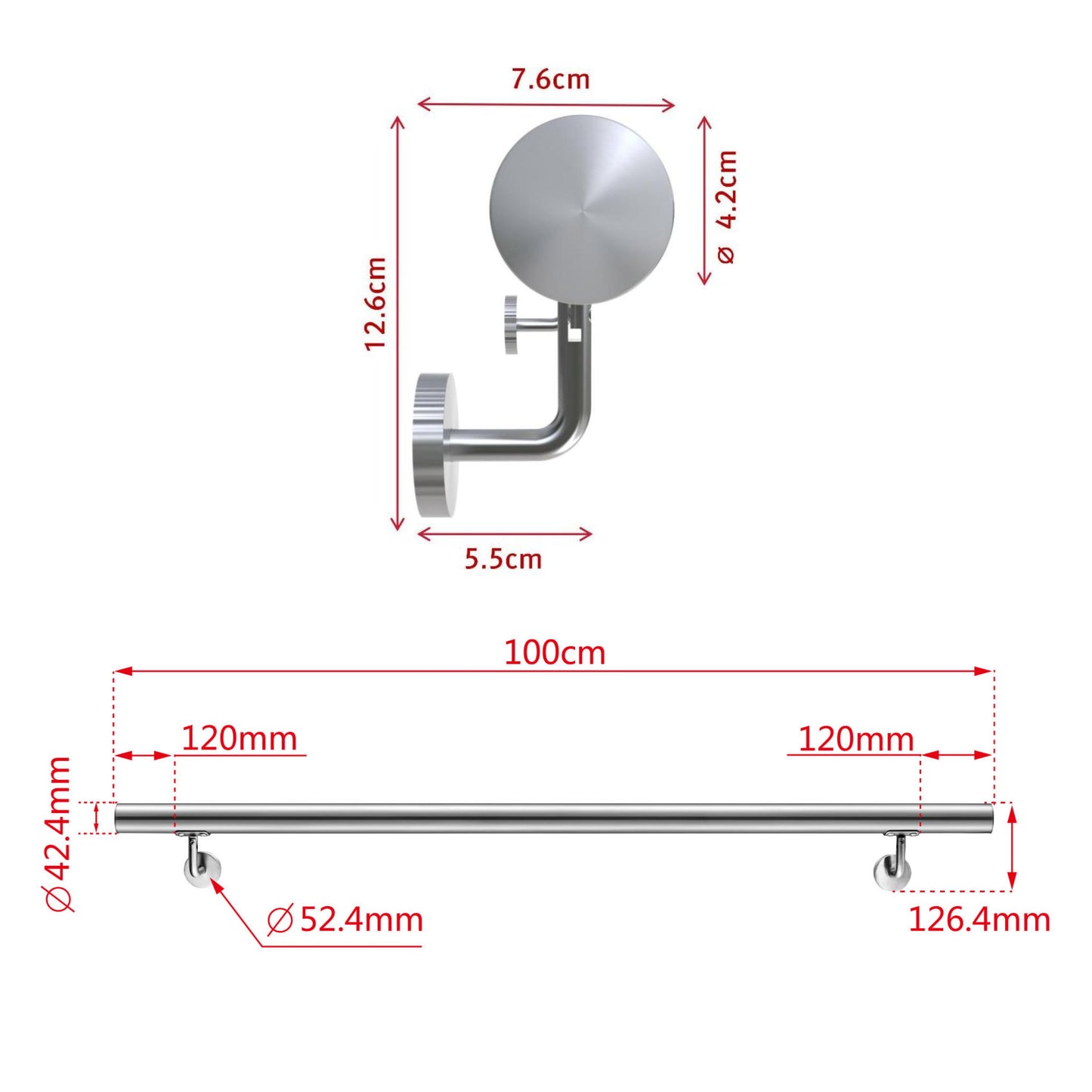 Corrimano in acciaio inox 304 spazzolato 80/100/120/150/180/200cm per interni ed esterni scale 100cm