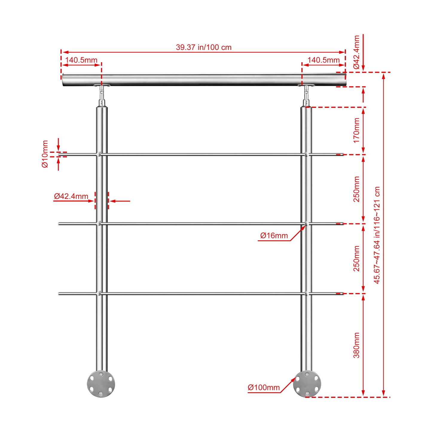 Kit ringhiera in acciaio inox 304 con montaggio laterale, lunghezze 100–240 cm, 3 traverse, espandibile con giunzioni