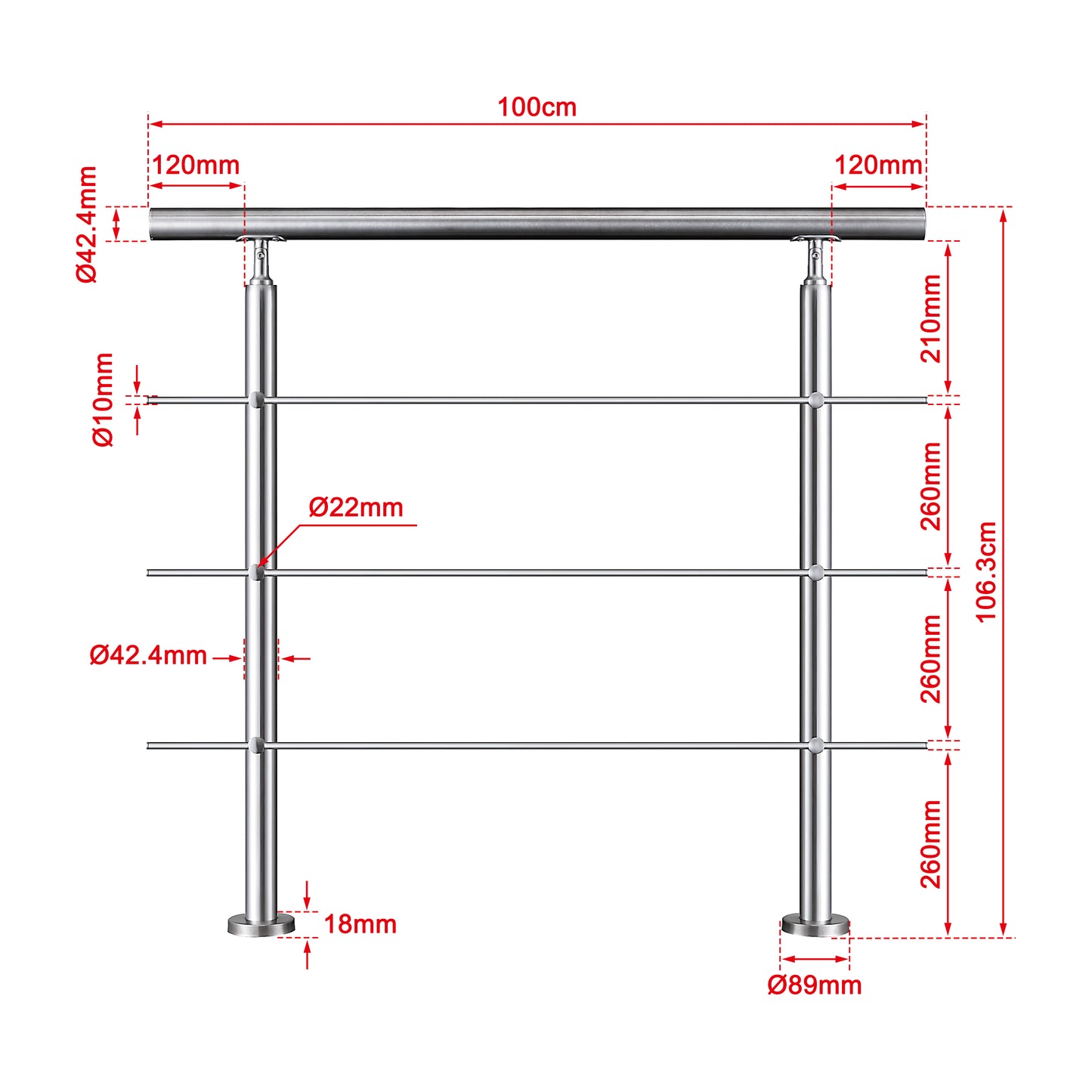 Balaustra Ringhiera Corrimano in acciaio inox 304 spazzolato 3 barre trasversali 100x106cm