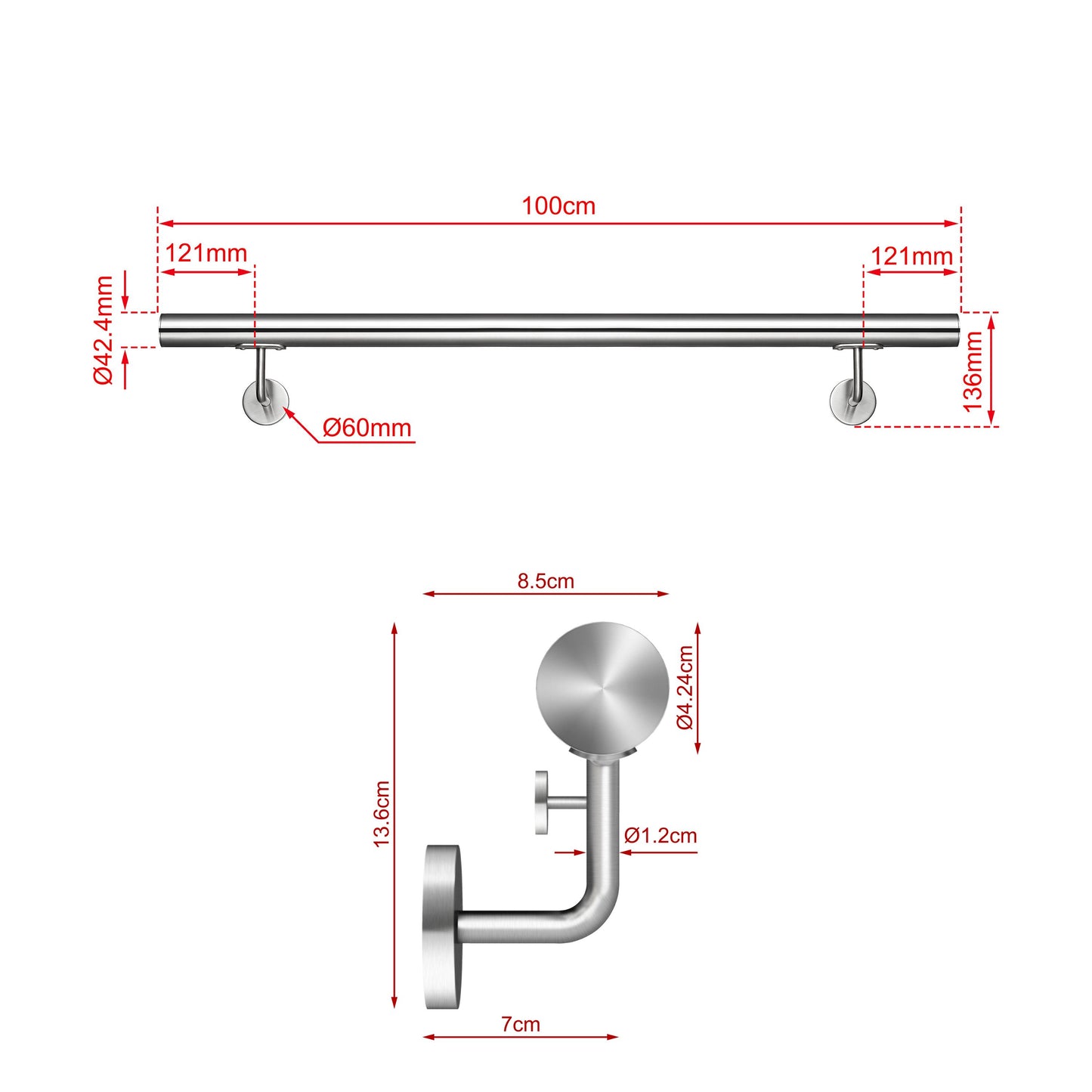 Corrimano Inox 304 Satinato 80-100-120-150-180-200-220-240 cm per Pareti Interne ed Esterne 100cm Argento spazzolato