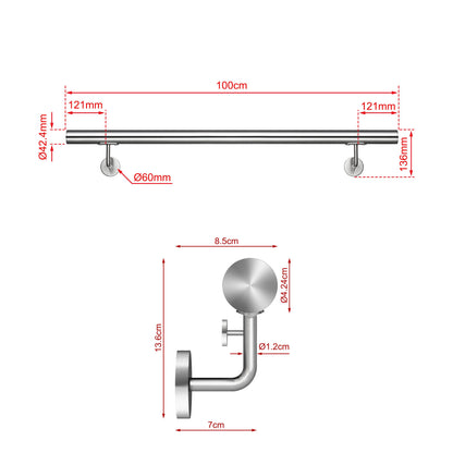 Corrimano Inox 304 Satinato 80-100-120-150-180-200-220-240 cm per Pareti Interne ed Esterne 100cm Argento spazzolato