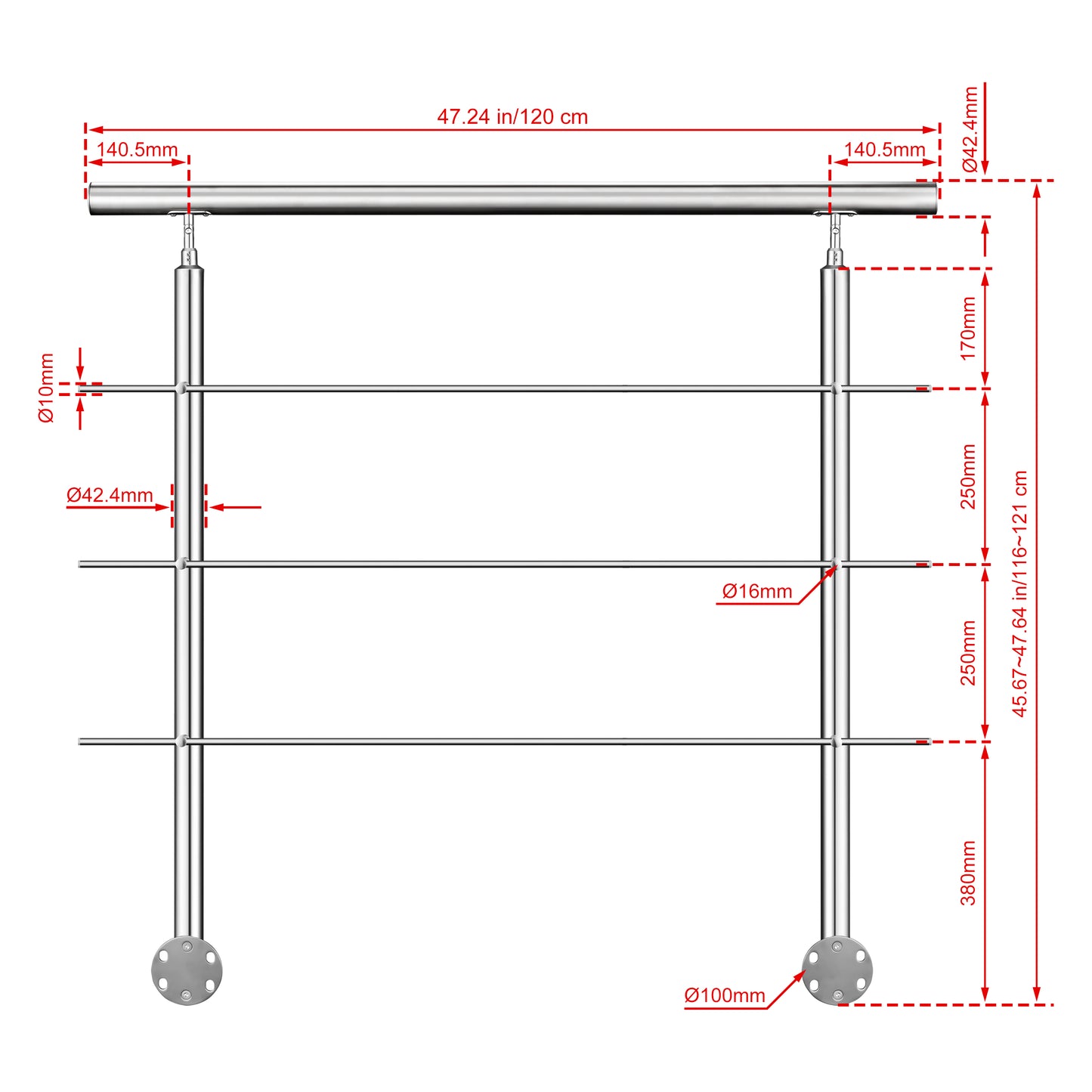 Kit ringhiera in acciaio inox 304 con montaggio laterale, lunghezze 100–240 cm, 3 traverse, espandibile con giunzioni