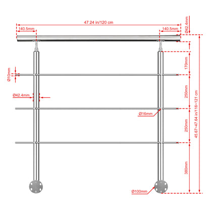 Kit ringhiera in acciaio inox 304 con montaggio laterale, lunghezze 100–240 cm, 3 traverse, espandibile con giunzioni