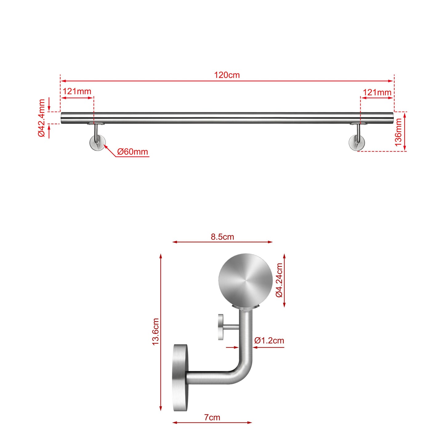 Corrimano Inox 304 Satinato 80-100-120-150-180-200-220-240 cm per Pareti Interne ed Esterne 120cm Argento spazzolato