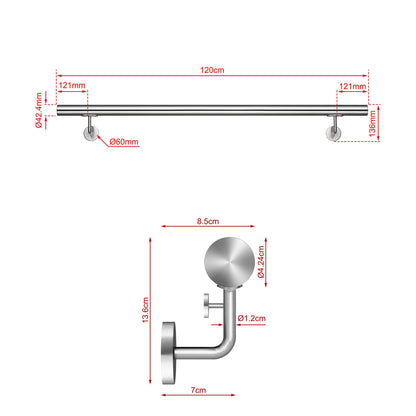 Corrimano Inox 304 Satinato 80-100-120-150-180-200-220-240 cm per Pareti Interne ed Esterne 120cm Argento spazzolato