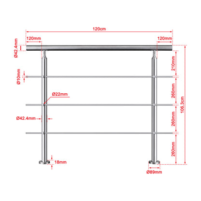 Balaustra Ringhiera Corrimano in acciaio inox 304 spazzolato 3 barre trasversali 120x106cm