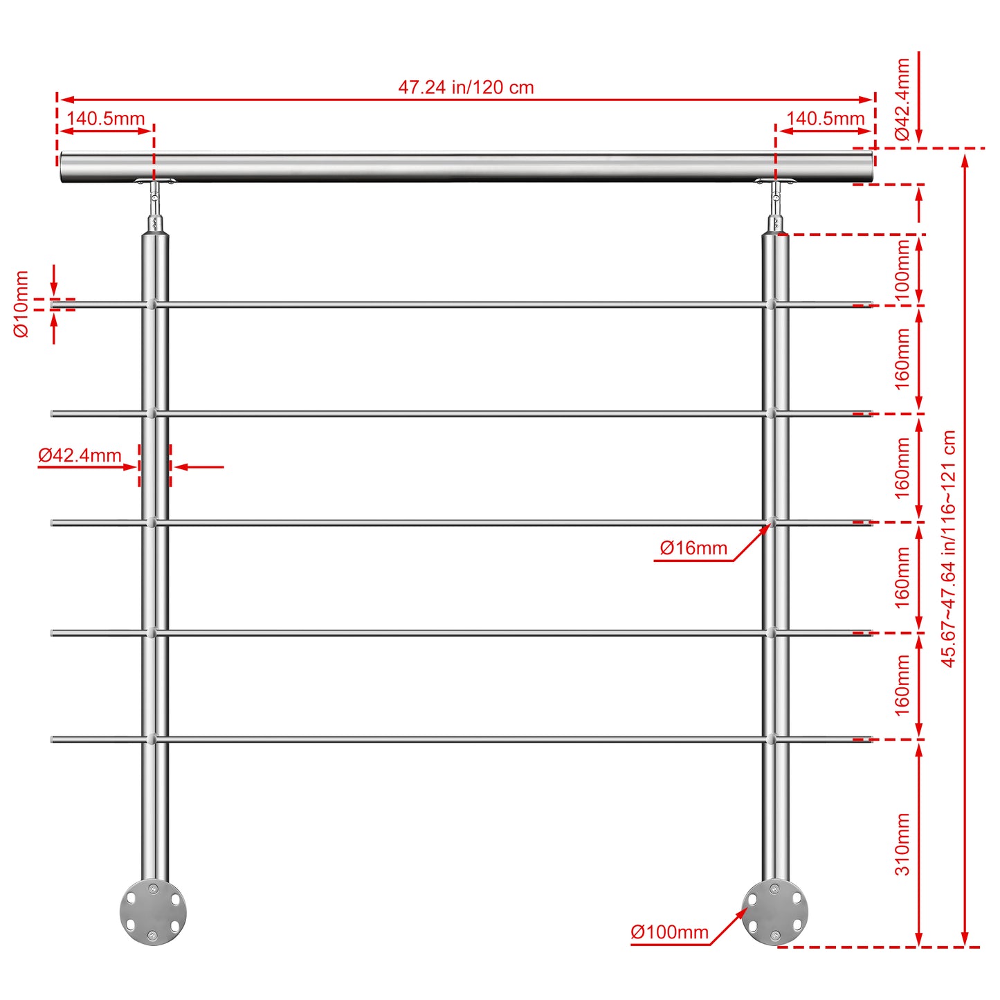 Kit ringhiera in acciaio inox 304 con montaggio laterale, lunghezze 100–240 cm, 5 traverse, espandibile con giunzioni