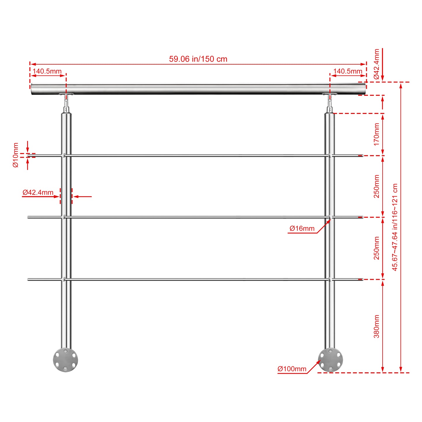 Kit ringhiera in acciaio inox 304 con montaggio laterale, lunghezze 100–240 cm, 3 traverse, espandibile con giunzioni