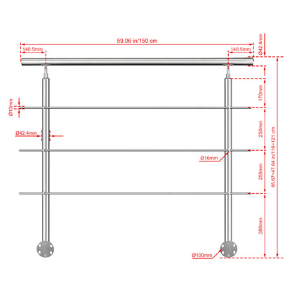 Kit ringhiera in acciaio inox 304 con montaggio laterale, lunghezze 100–240 cm, 3 traverse, espandibile con giunzioni