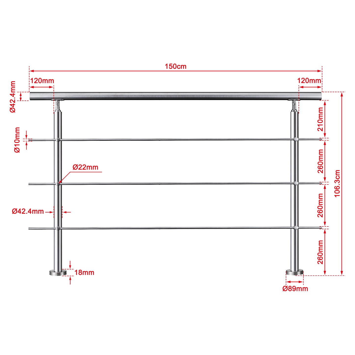 Balaustra Ringhiera Corrimano in acciaio inox 304 spazzolato 3 barre trasversali 150x106cm