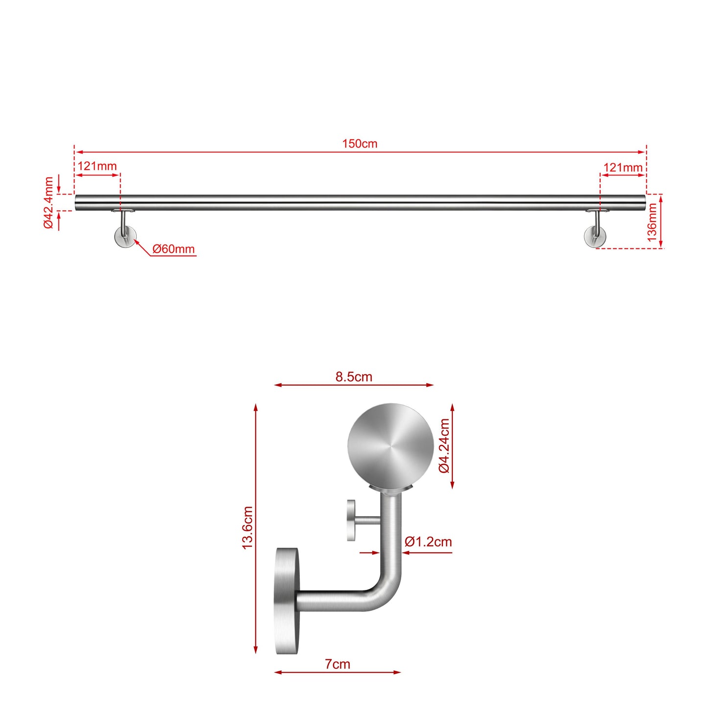 Corrimano Inox 304 Satinato 80-100-120-150-180-200-220-240 cm per Pareti Interne ed Esterne 150cm Argento spazzolato