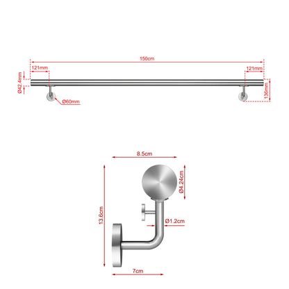 Corrimano Inox 304 Satinato 80-100-120-150-180-200-220-240 cm per Pareti Interne ed Esterne 150cm Argento spazzolato