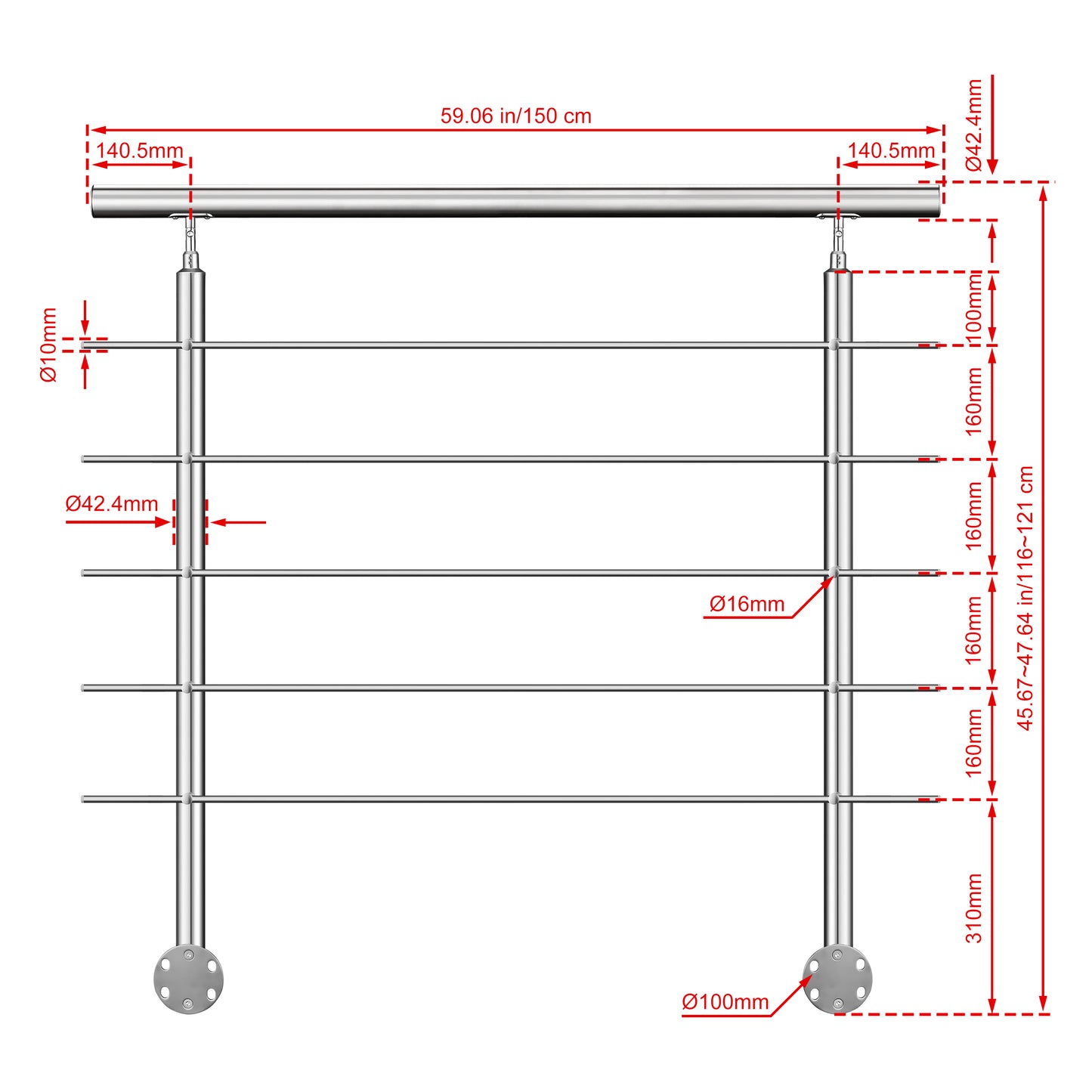 Kit ringhiera in acciaio inox 304 con montaggio laterale, lunghezze 100–240 cm, 5 traverse, espandibile con giunzioni