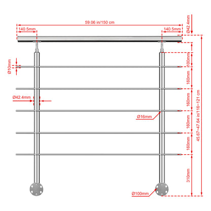 Kit ringhiera in acciaio inox 304 con montaggio laterale, lunghezze 100–240 cm, 5 traverse, espandibile con giunzioni
