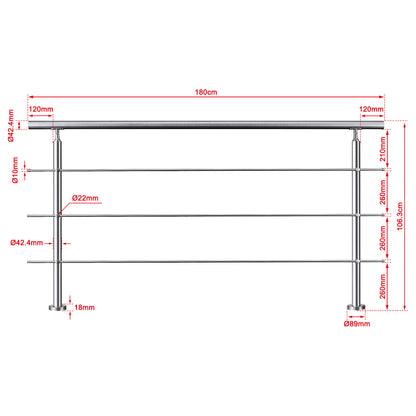 Balaustra Ringhiera Corrimano in acciaio inox 304 spazzolato 3 barre trasversali 180x106cm