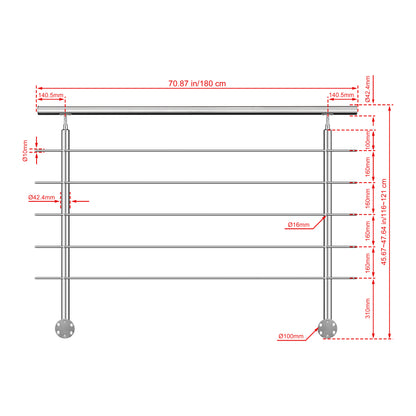 Kit ringhiera in acciaio inox 304 con montaggio laterale, lunghezze 100–240 cm, 5 traverse, espandibile con giunzioni
