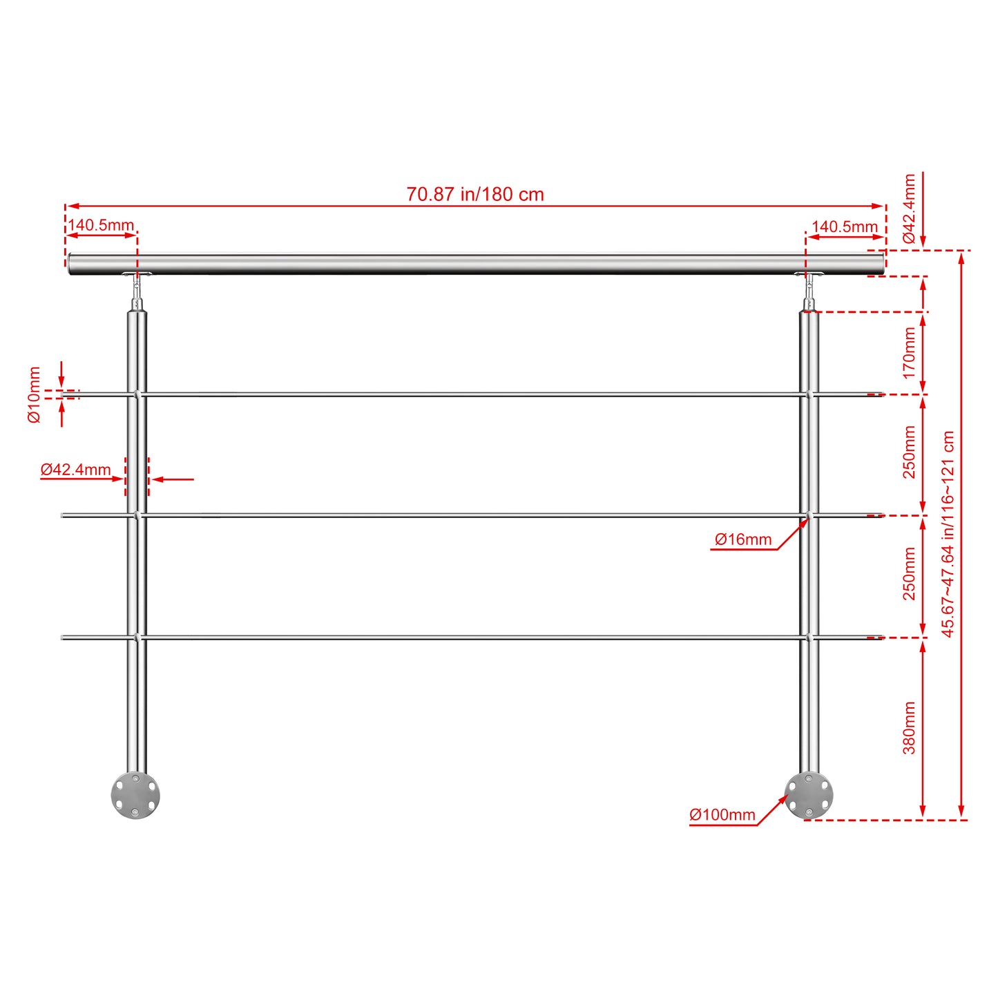 Kit ringhiera in acciaio inox 304 con montaggio laterale, lunghezze 100–240 cm, 3 traverse, espandibile con giunzioni