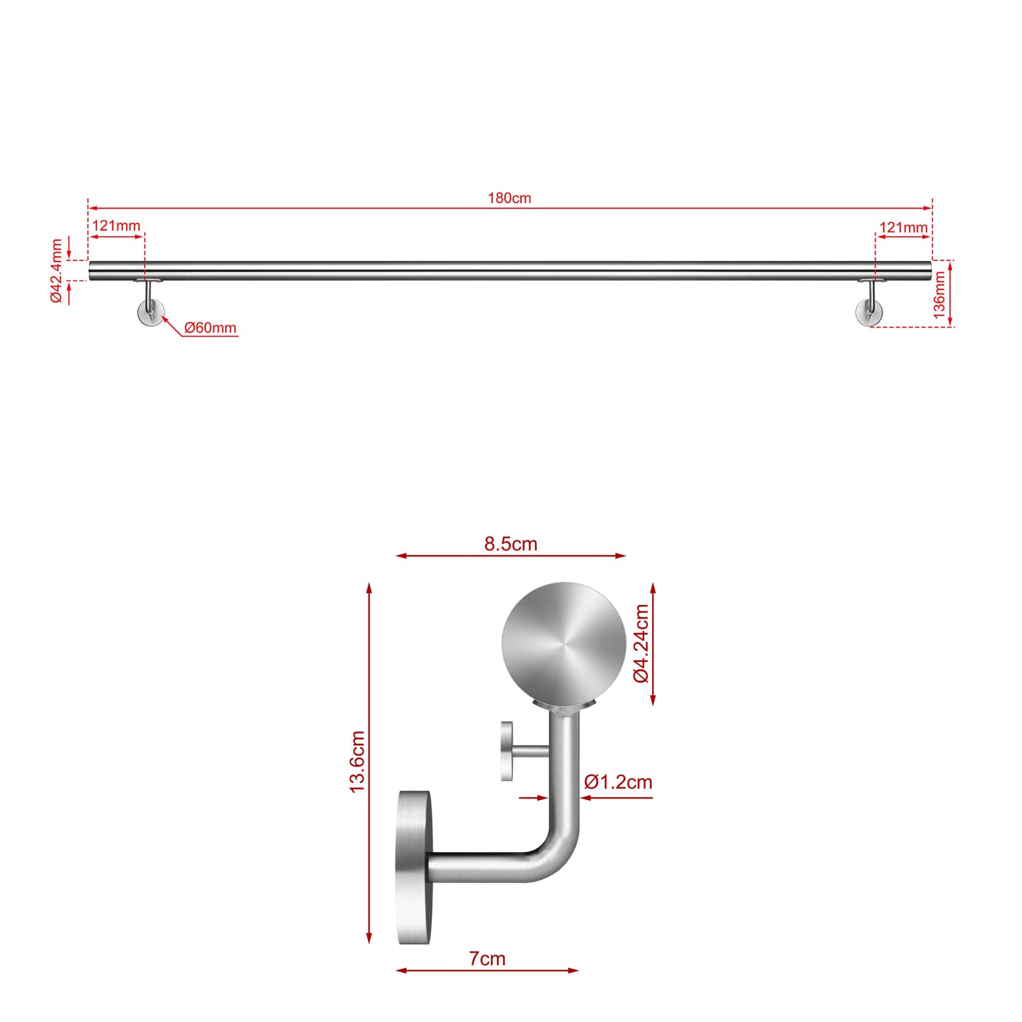 Corrimano Inox 304 Satinato 80-100-120-150-180-200-220-240 cm per Pareti Interne ed Esterne 180cm Argento spazzolato