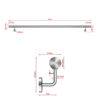 Corrimano Inox 304 Satinato 80-100-120-150-180-200-220-240 cm per Pareti Interne ed Esterne 180cm Argento spazzolato