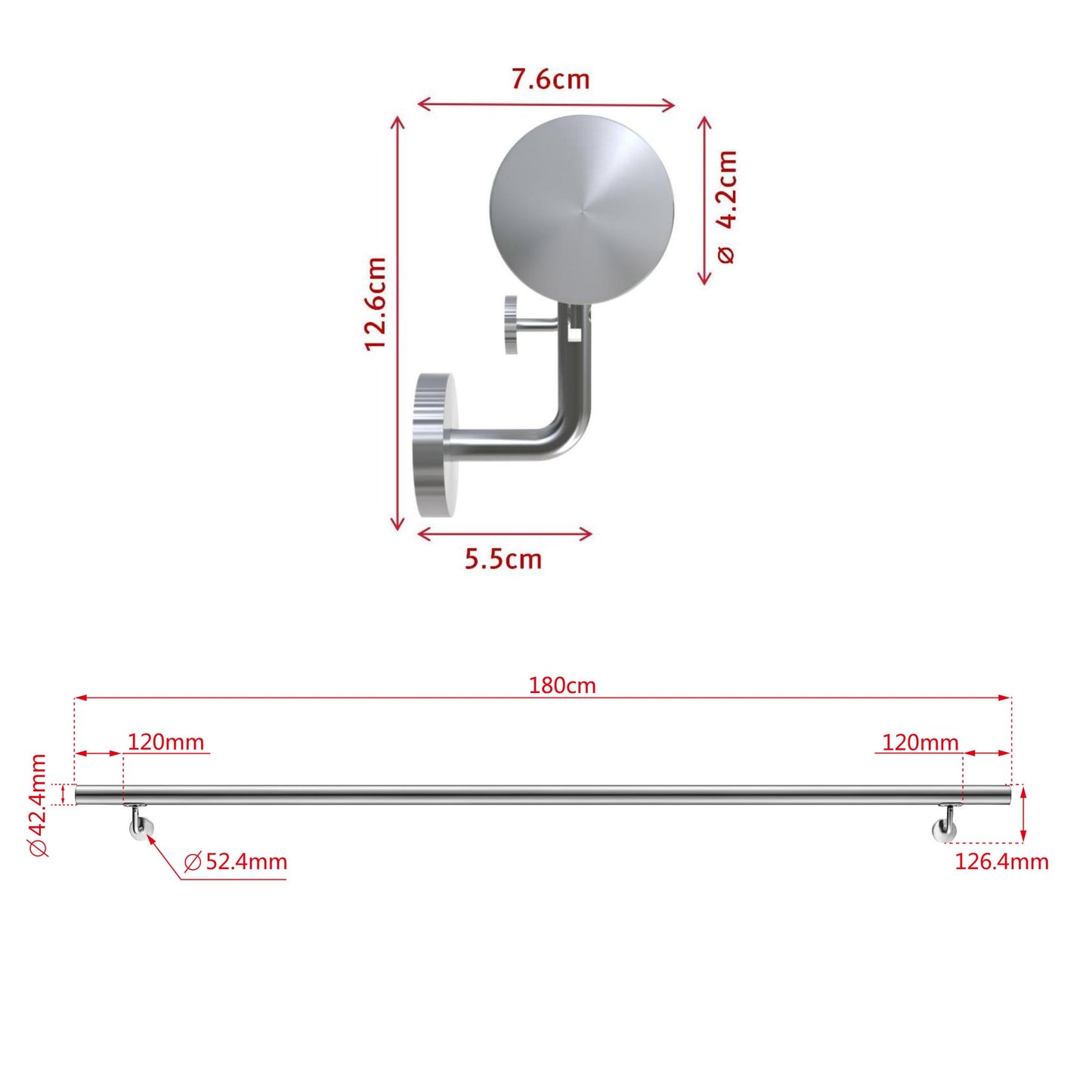 Corrimano in acciaio inox 304 spazzolato 80/100/120/150/180/200cm per interni ed esterni scale 180cm