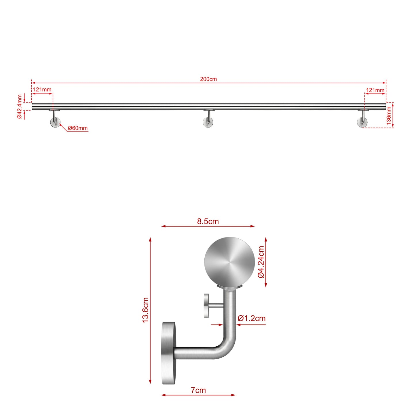 Corrimano Inox 304 Satinato 80-100-120-150-180-200-220-240 cm per Pareti Interne ed Esterne 200cm Argento spazzolato