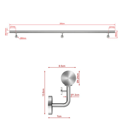 Corrimano Inox 304 Satinato 80-100-120-150-180-200-220-240 cm per Pareti Interne ed Esterne 200cm Argento spazzolato