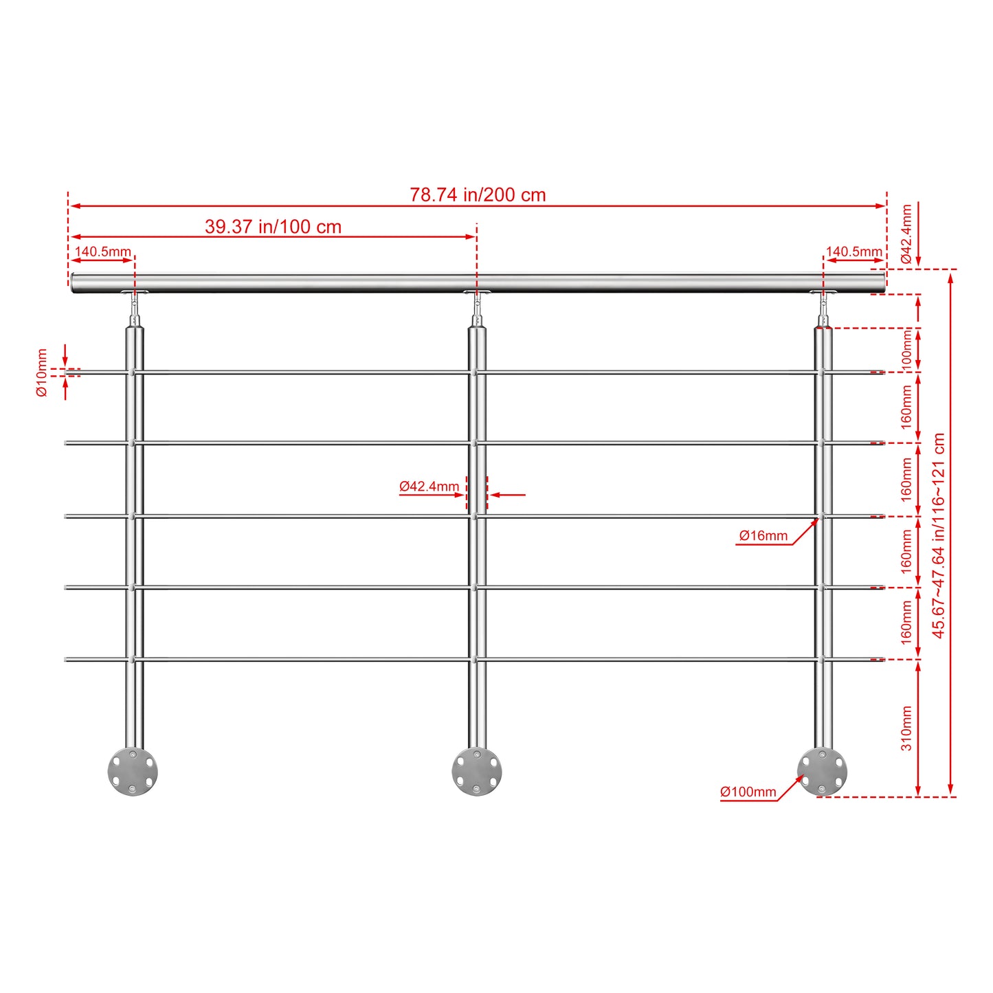 Kit ringhiera in acciaio inox 304 con montaggio laterale, lunghezze 100–240 cm, 5 traverse, espandibile con giunzioni