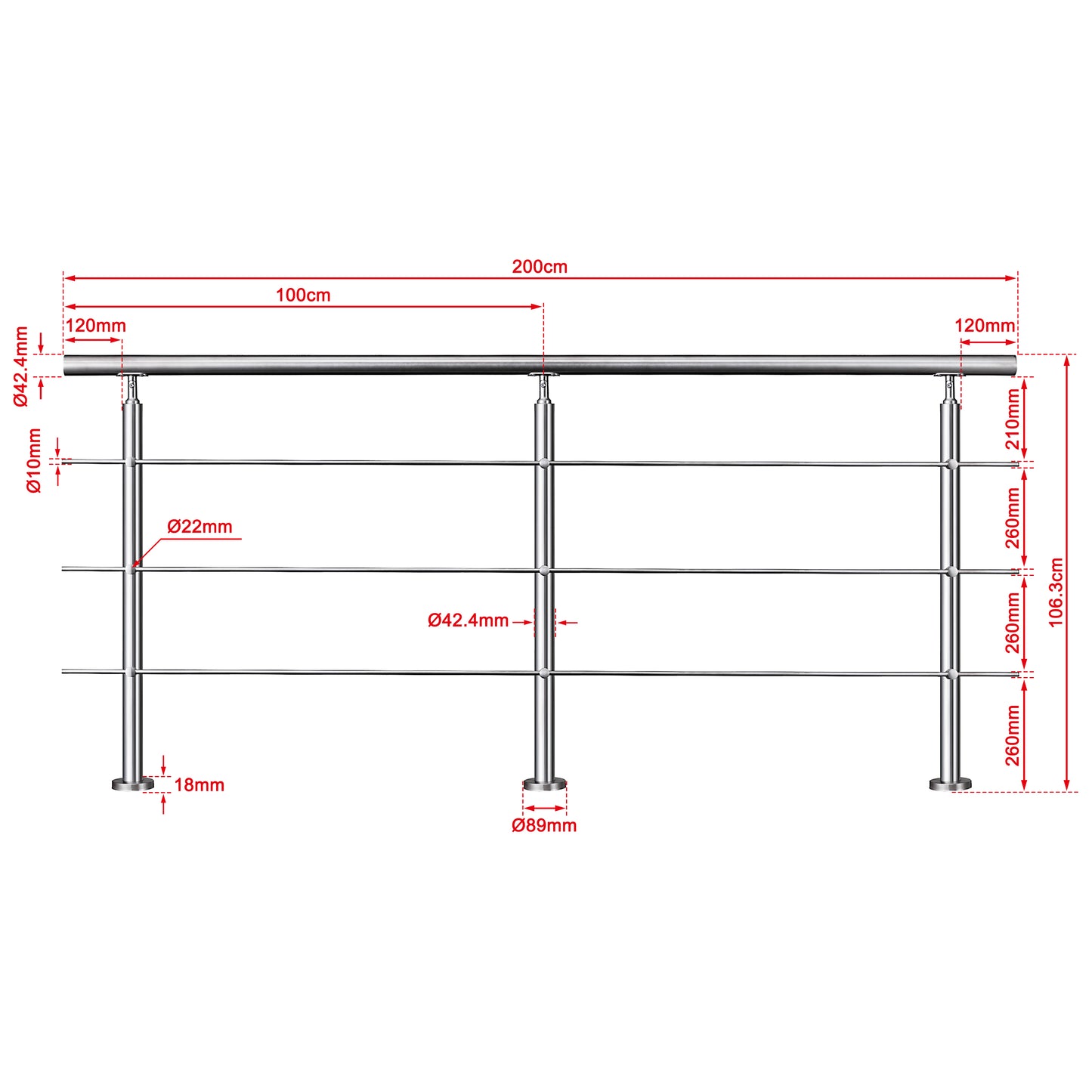 Balaustra Ringhiera Corrimano in acciaio inox 304 spazzolato 3 barre trasversali 200x106cm