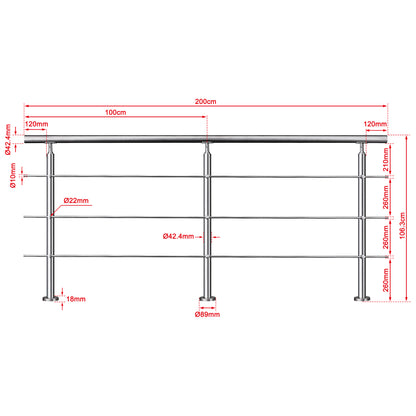Balaustra Ringhiera Corrimano in acciaio inox 304 spazzolato 3 barre trasversali 200x106cm
