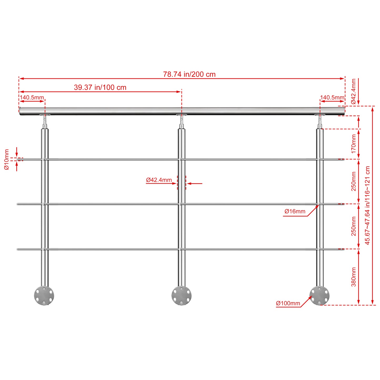 Kit ringhiera in acciaio inox 304 con montaggio laterale, lunghezze 100–240 cm, 3 traverse, espandibile con giunzioni