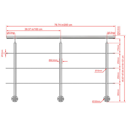 Kit ringhiera in acciaio inox 304 con montaggio laterale, lunghezze 100–240 cm, 3 traverse, espandibile con giunzioni
