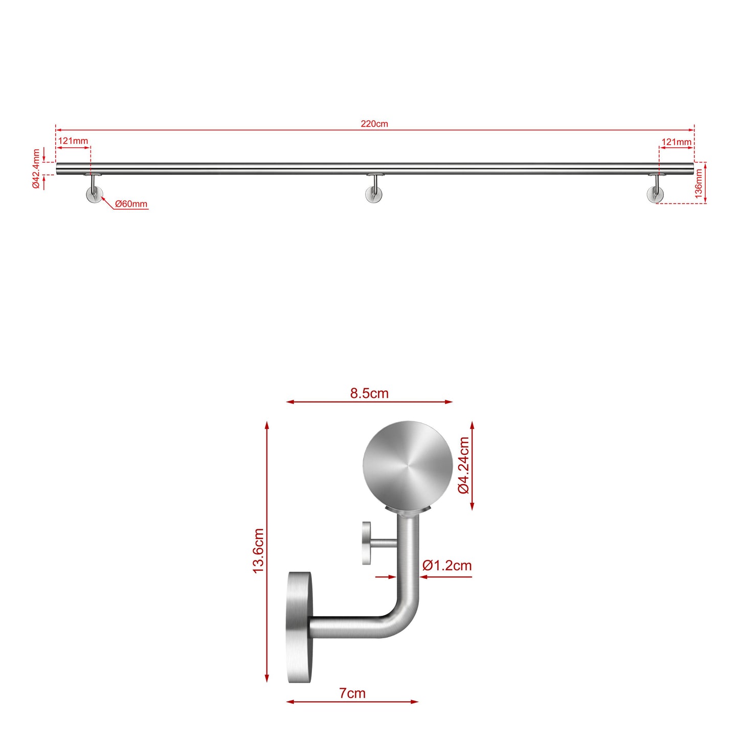 Corrimano Inox 304 Satinato 80-100-120-150-180-200-220-240 cm per Pareti Interne ed Esterne 220cm Argento spazzolato
