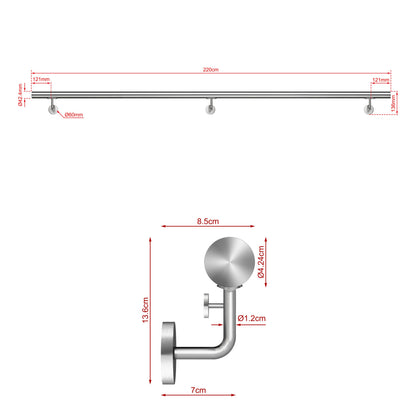 Corrimano Inox 304 Satinato 80-100-120-150-180-200-220-240 cm per Pareti Interne ed Esterne 220cm Argento spazzolato