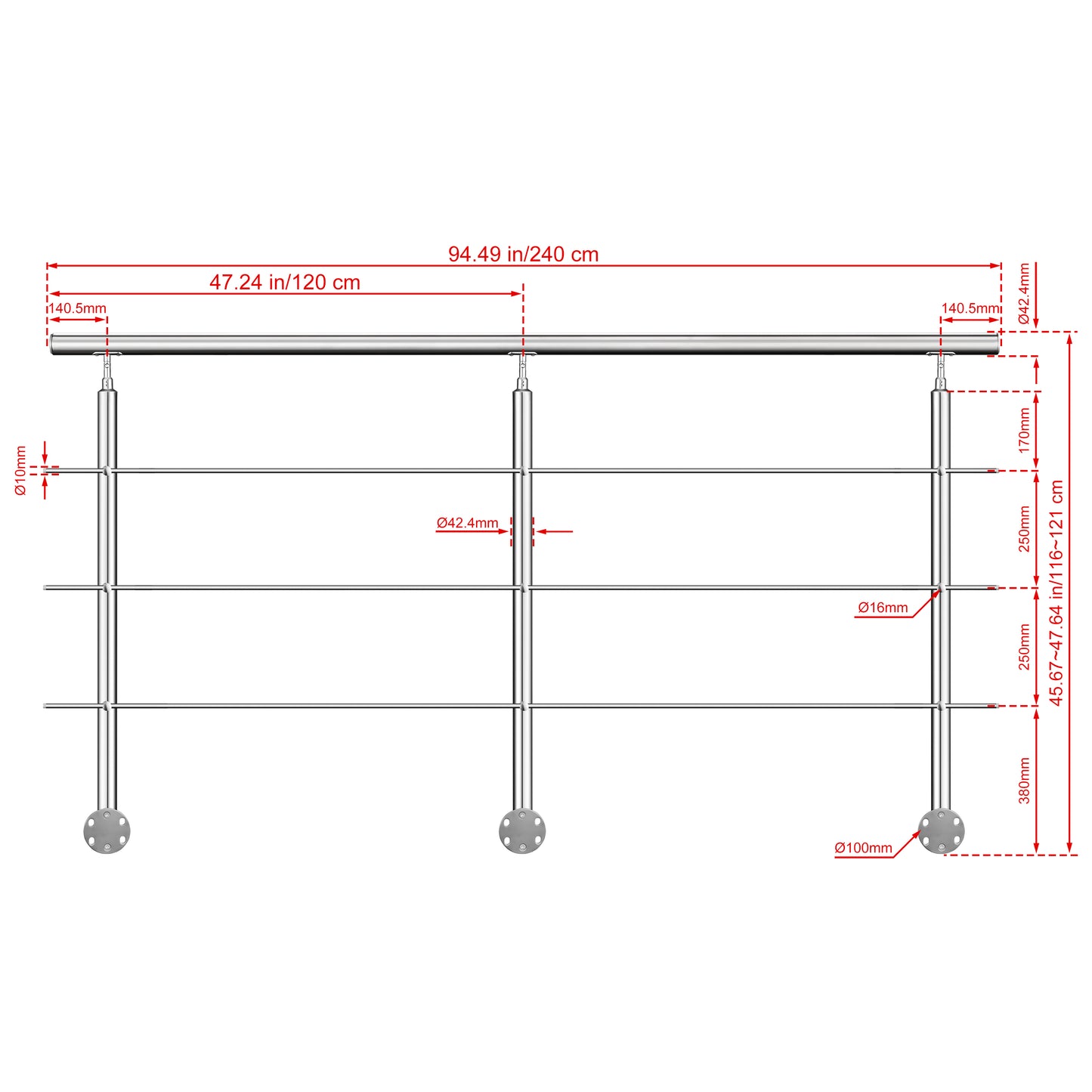 Kit ringhiera in acciaio inox 304 con montaggio laterale, lunghezze 100–240 cm, 3 traverse, espandibile con giunzioni