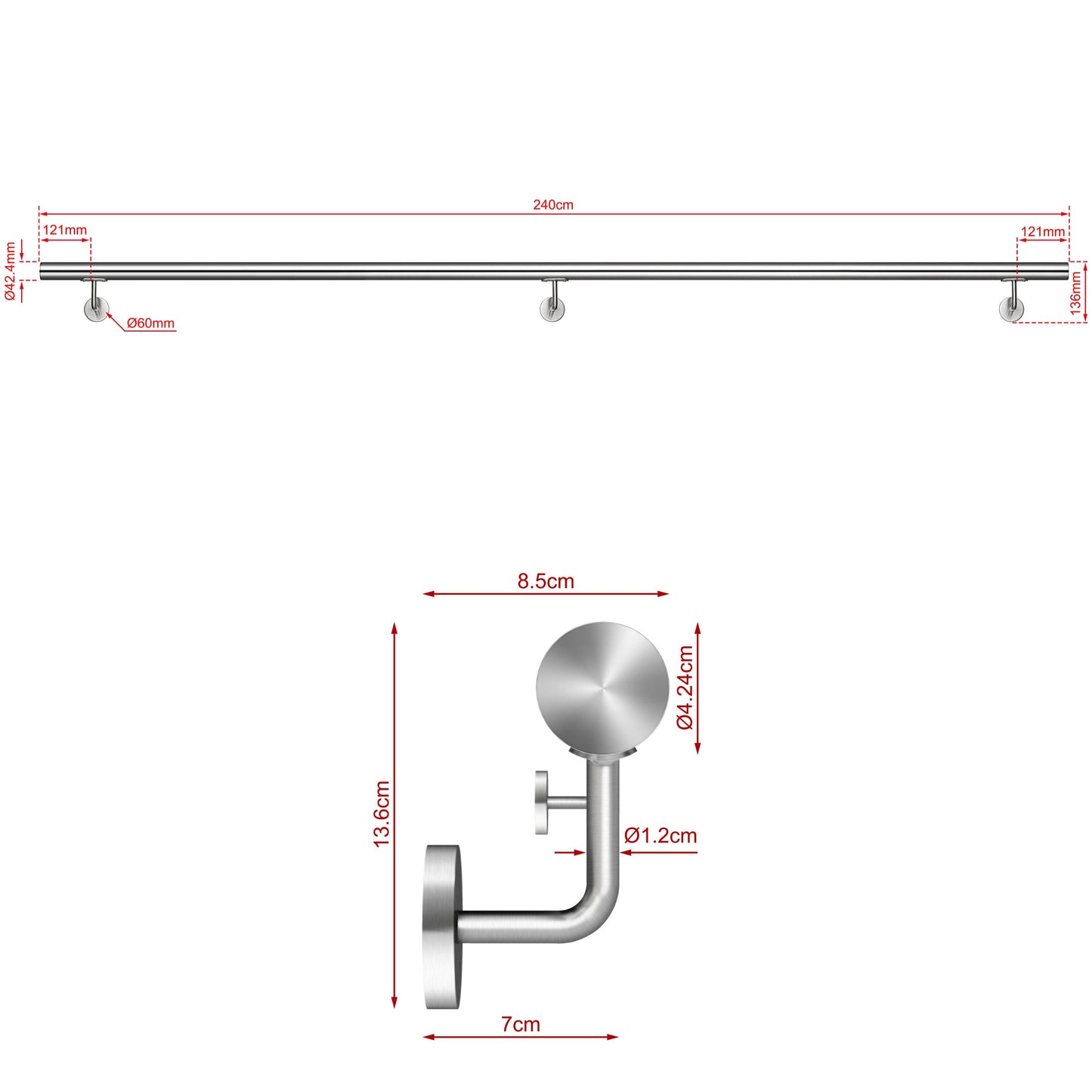Corrimano Inox 304 Satinato 80-100-120-150-180-200-220-240 cm per Pareti Interne ed Esterne 240cm Argento spazzolato